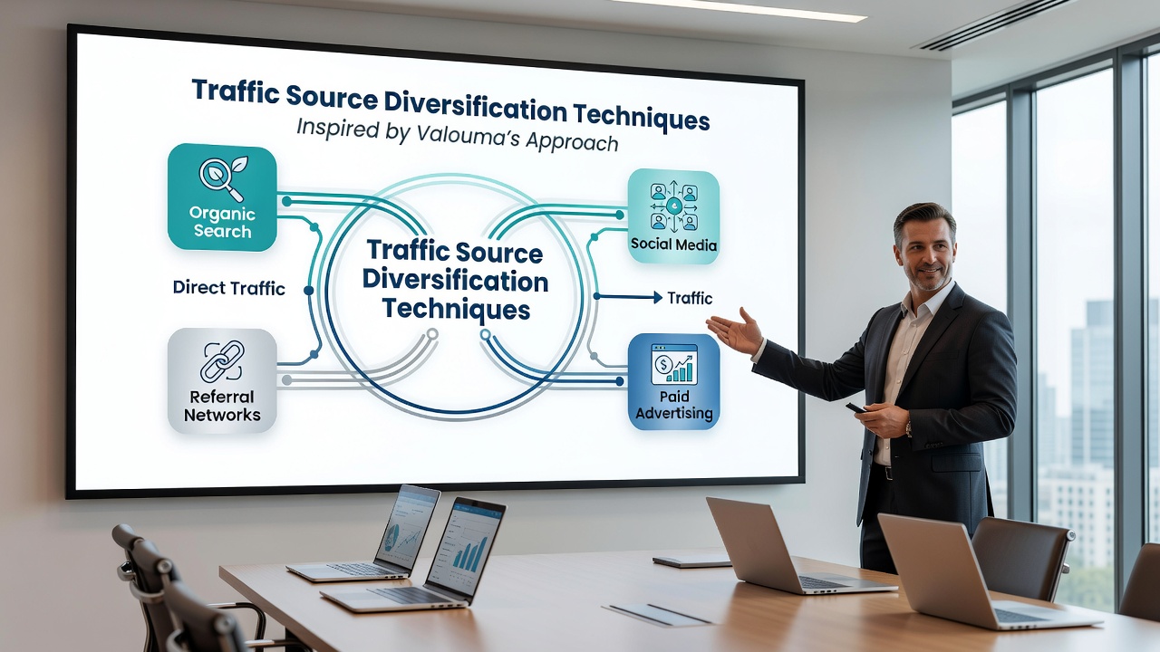 Detailed chart illustrating layered traffic acquisition across social, email, search, and referral channels over a 12-month period